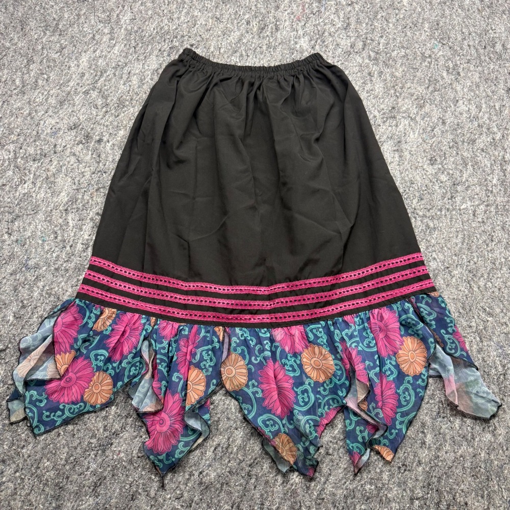Boho Floral Handkerchief Hem Midi Skirt Black Pink XL Elastic Waist Crochet Trim
